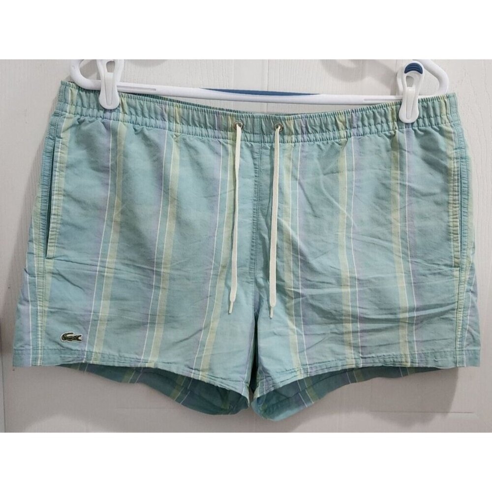 Lacoste Women's Blue Pastel Striped Logo Drawstring Waist Shorts Size 5 US SZ L